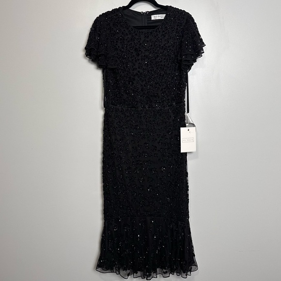 Mac Duggal HAND BEADED FLOUNCE SLEEVE MIDI DRESS Black Size 12 Style 10771 - Picture 5 of 12